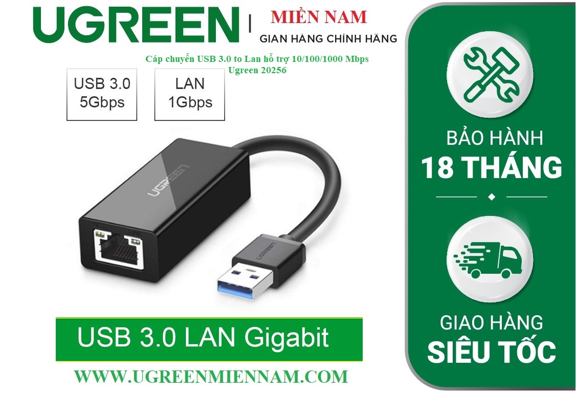 Cáp chuyển USB 3.0 to Lan hỗ trợ 10/100/1000 Mbps Ugreen 20256 - Ugreen Miền Nam